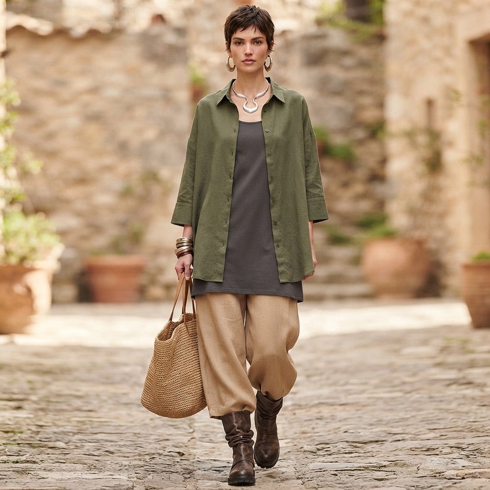 NWT Zeagoo Women 100% Cotton Linen Feel Button Tunic Shirt Oversized Lagenlook M